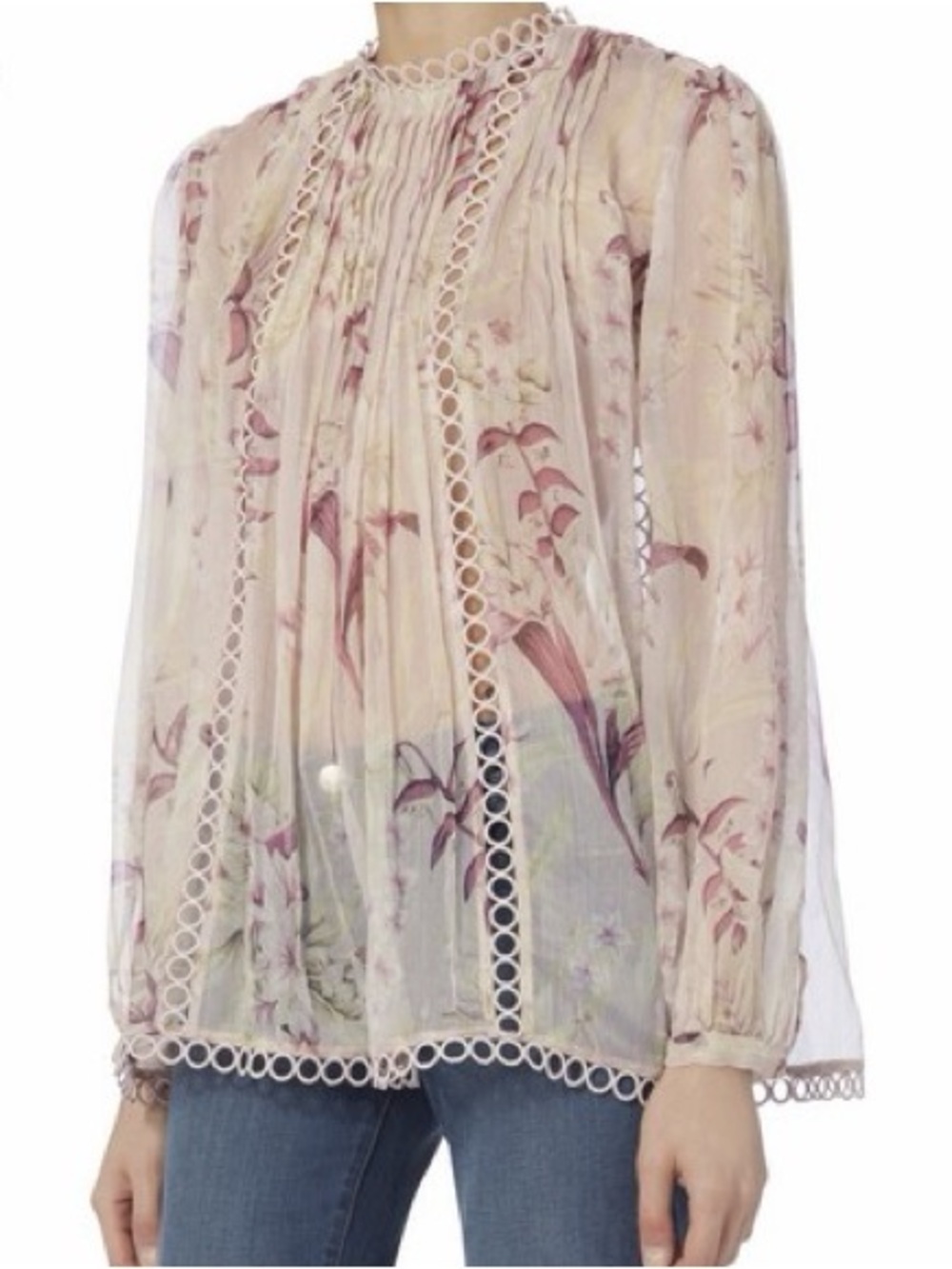 Zimmermann - Sheer Floral Pintuck Blouse in Blush and Mauve - Size XS
